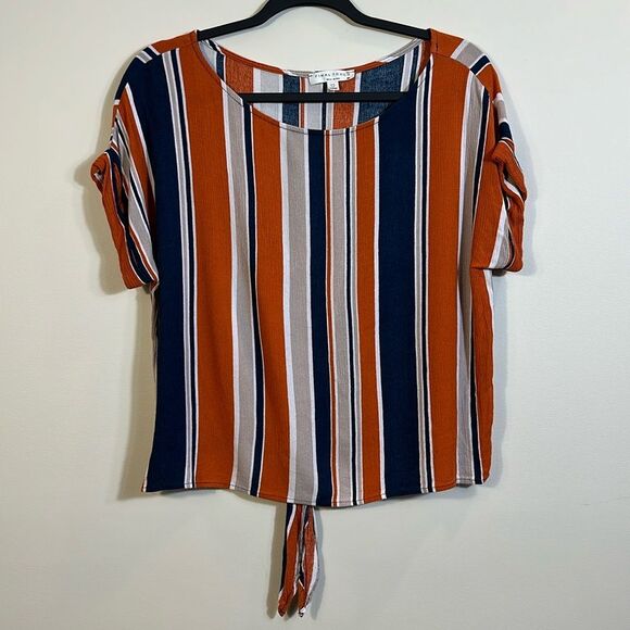 Final Touch Orange Blue Stripe Tie Detail Cutout Beach Crop T Shirt Women Medium - Picture 1 of 6